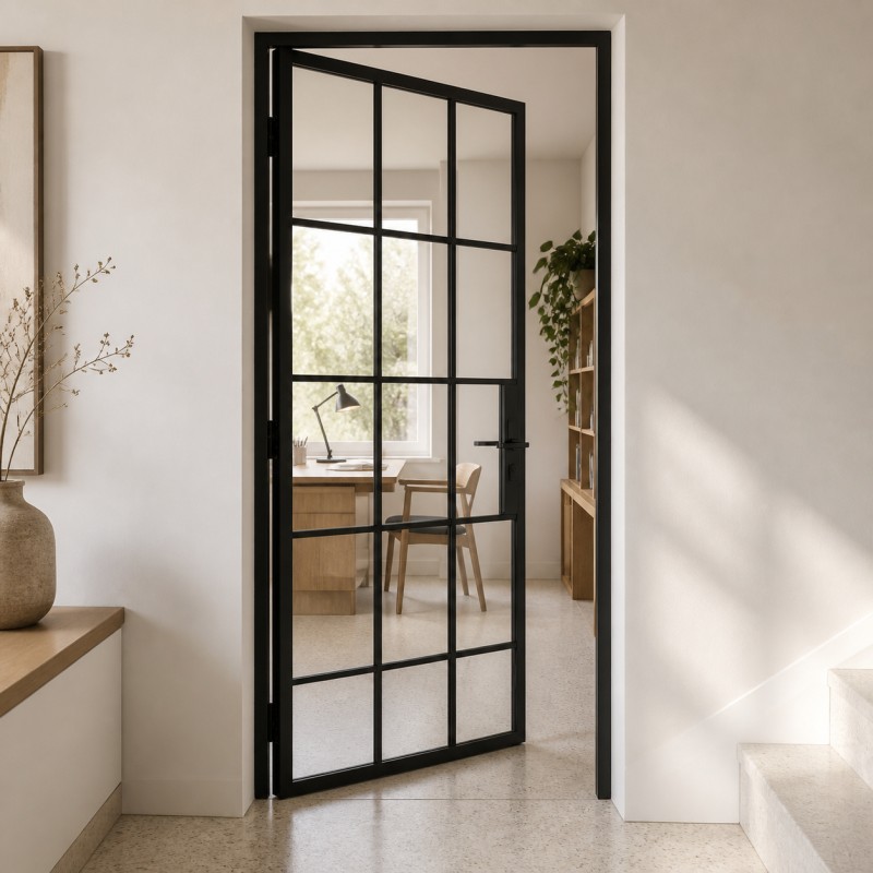 Drzwi loftowe ze szprosami w stylu Crittall, widok studyjny