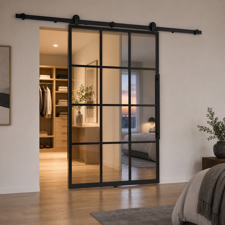 Loft-Schiebetür aus Stahl mit Laufschiene, im Schlafzimmer vor dem begehbaren Kleiderschrank