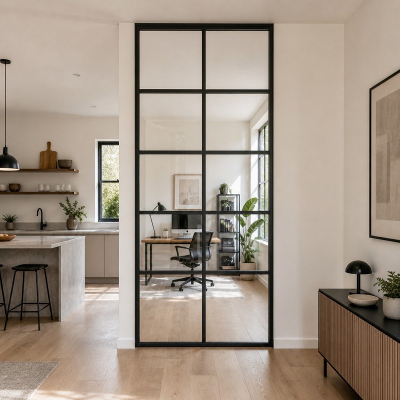 Fixed Glazed Loft Partition Wall, between a home office and kitchen