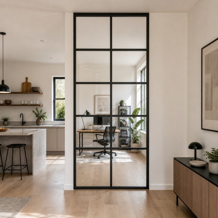 Ścianka loftowa stała ze stali i szkła, między domowym biurem a kuchnią