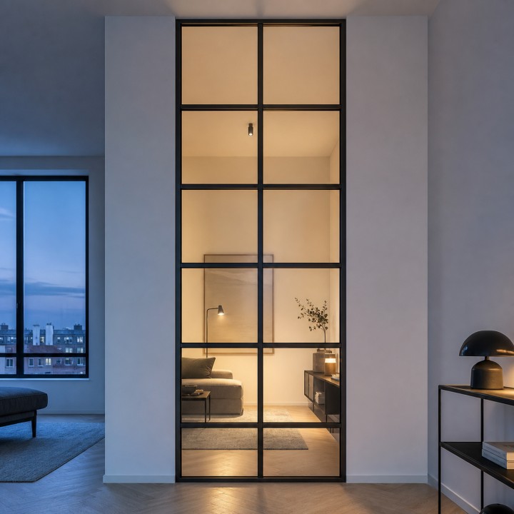 Fixed Glazed Loft Partition Wall, in a city apartment in the evening
