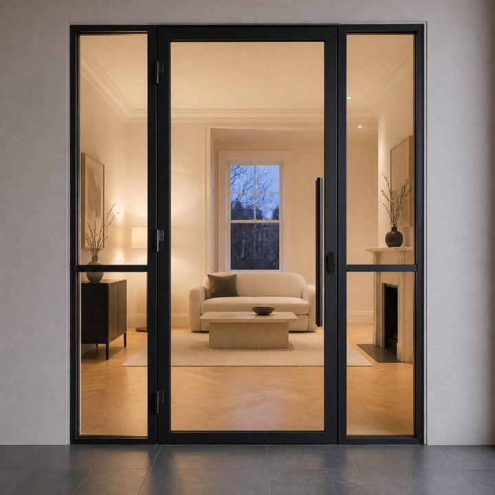 Bussola d'Ingresso Vetrata in Acciaio, con soggiorno illuminato sullo sfondo di sera