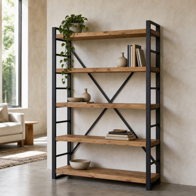 Industrial Steel Shelving Unit, in a bright living room