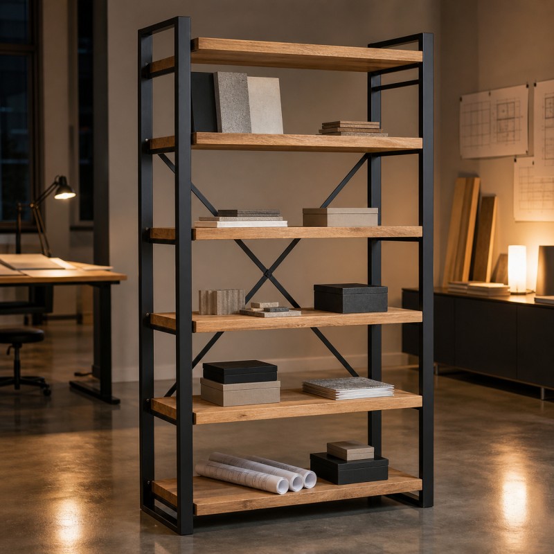 Industrial Steel Shelving Unit, in an architect's studio in the evening