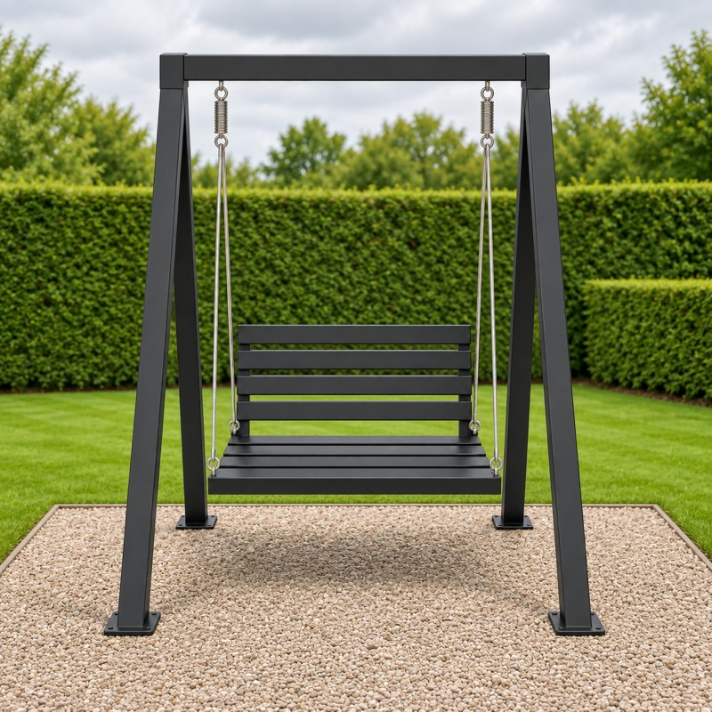 Aluminium Bench Swing, on a gravel bed in a hedged garden
