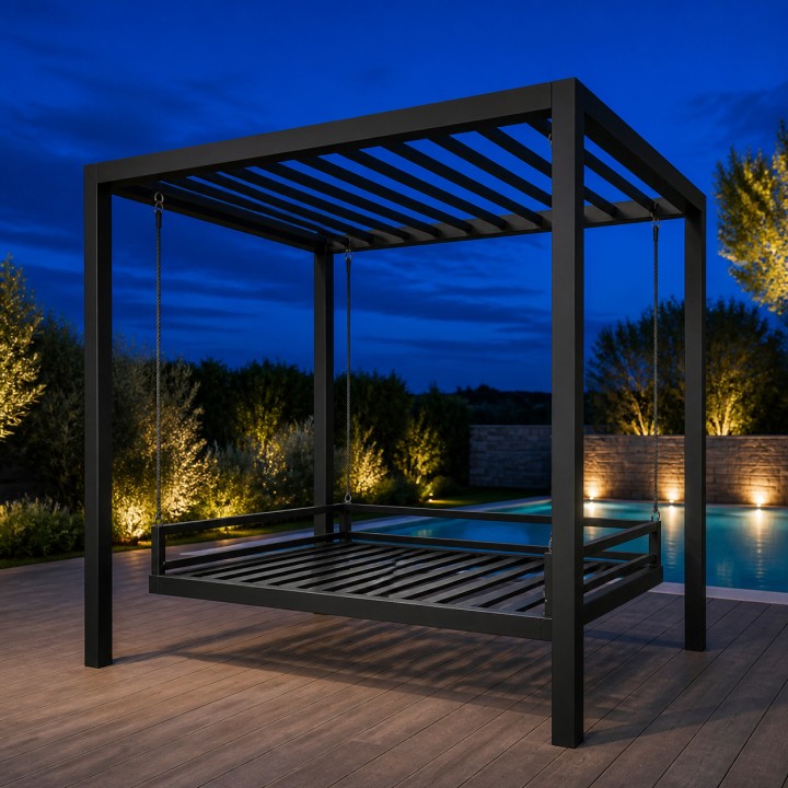 Cabana Daybed Swing, on a deck beside a pool at night