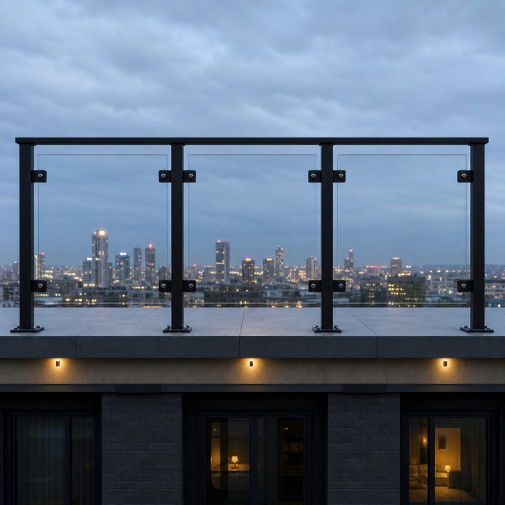 Barandilla de cristal para balcón, en una azotea con vistas a la ciudad al anochecer