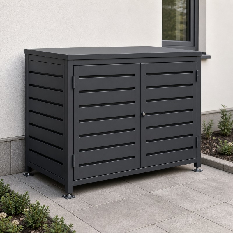 Mülltonnenbox aus Stahl mit Lamellen, an der Hauswand auf Gartenpflaster