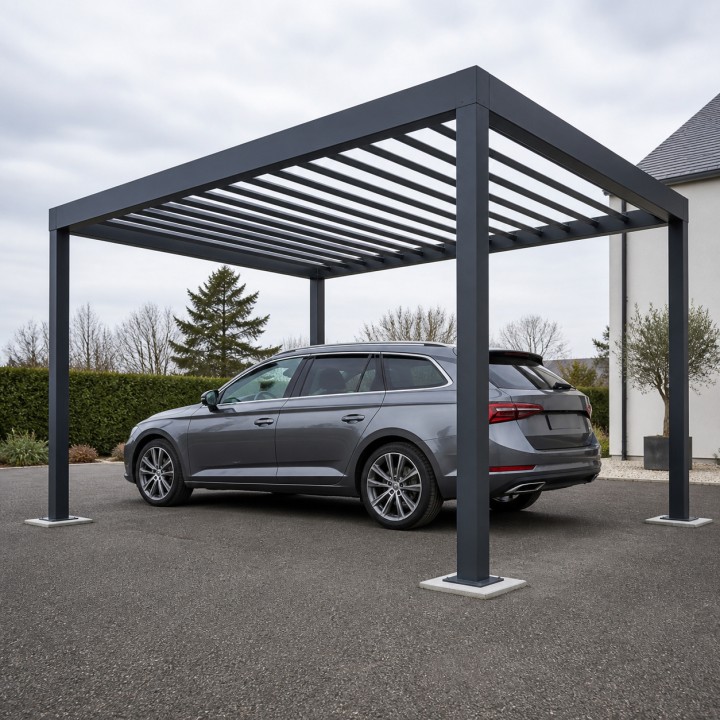 Stalowa pergola carport, nad samochodem na podjeździe