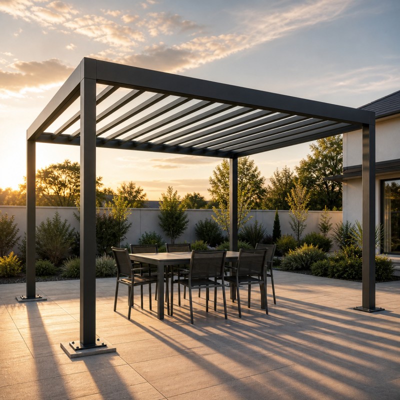 Stalowa pergola carport, nad stołem z krzesłami na tarasie o zachodzie słońca
