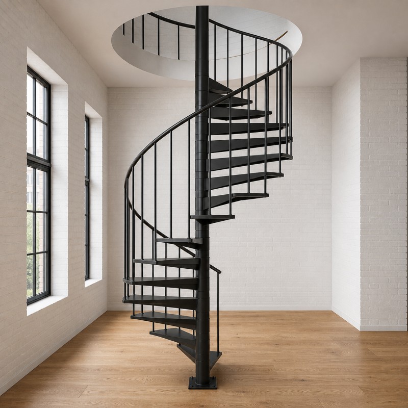 Spiral Staircase in Welded Steel, in a bright loft with white brick walls