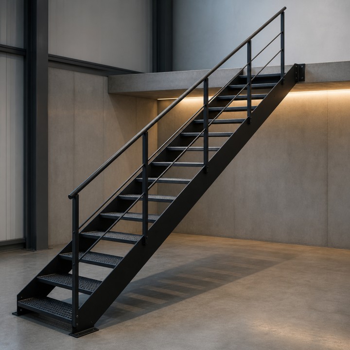 Gerade Stahltreppe, zu einer Betongalerie im Abendlicht