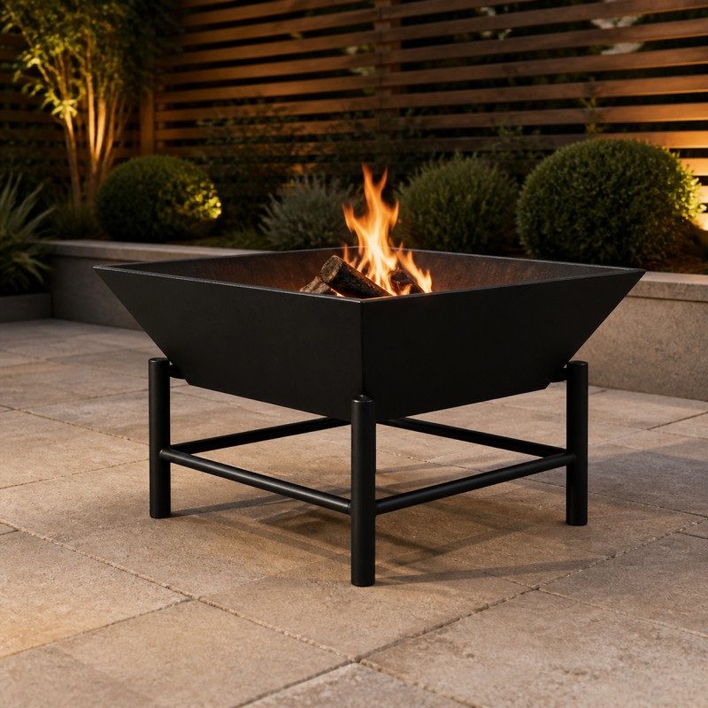 Brasero cuadrado de acero sobre soporte tubular, encendido en un patio con luces de jardín