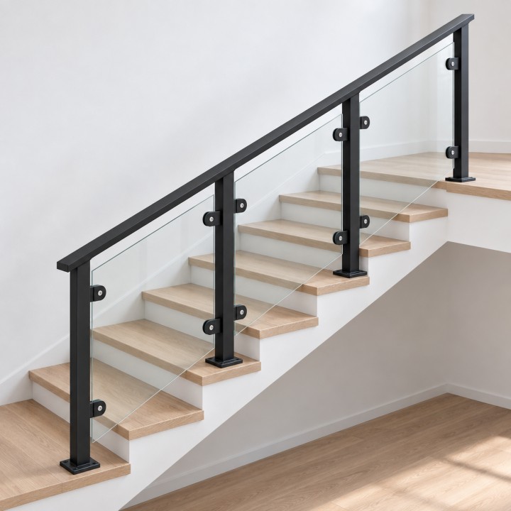 Glass Stair Railing, on an indoor staircase with oak treads