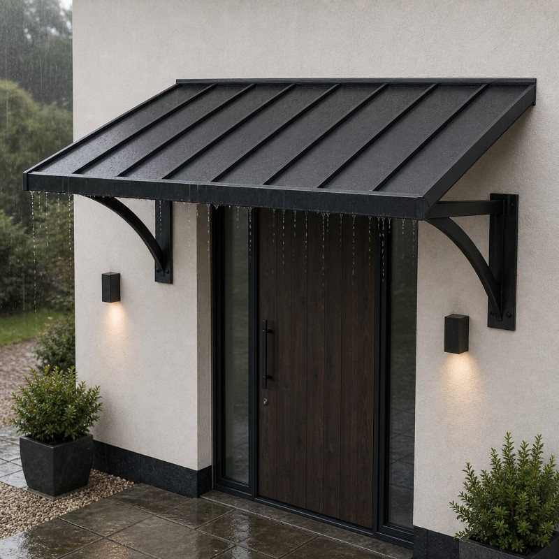 Marquise d'entrée en acier, au-dessus d'une porte d'entrée moderne sous la pluie