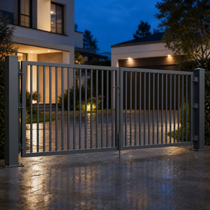 Portail battant en acier à deux vantaux, au crépuscule devant une maison éclairée