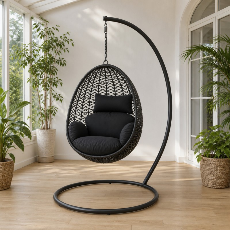 Indoor Hanging Chair with Stand, in a bright conservatory with plants