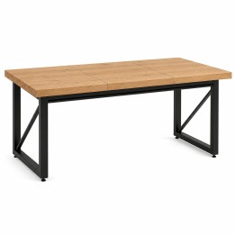 Mesa de comedor extensible estilo loft, vista de estudio en acero negro con tablero de roble