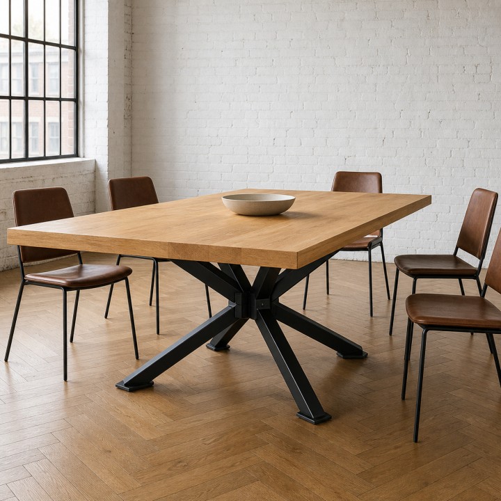 Tavolo da Pranzo con Gambe Spider, in una sala da pranzo loft con parquet a spina di pesce