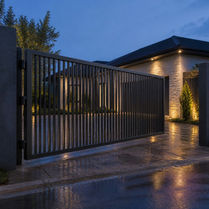 Portail battant un vantail en acier, au crépuscule devant une maison éclairée