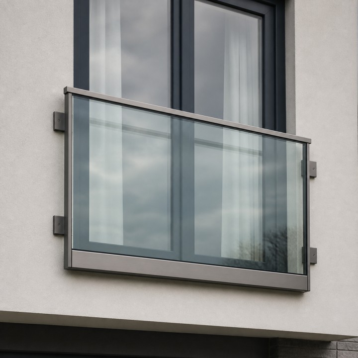 Balcon à la française avec verre maintenu en profilé, sur une façade crépie