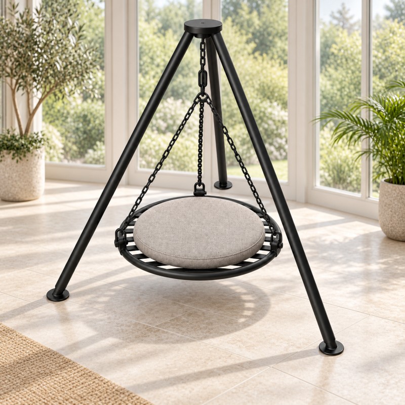 Fauteuil suspendu sur trépied en acier, dans une véranda lumineuse avec vue sur le jardin