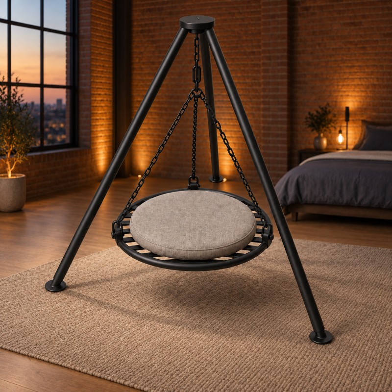 Fauteuil suspendu sur trépied en acier, dans une chambre loft en briques au crépuscule