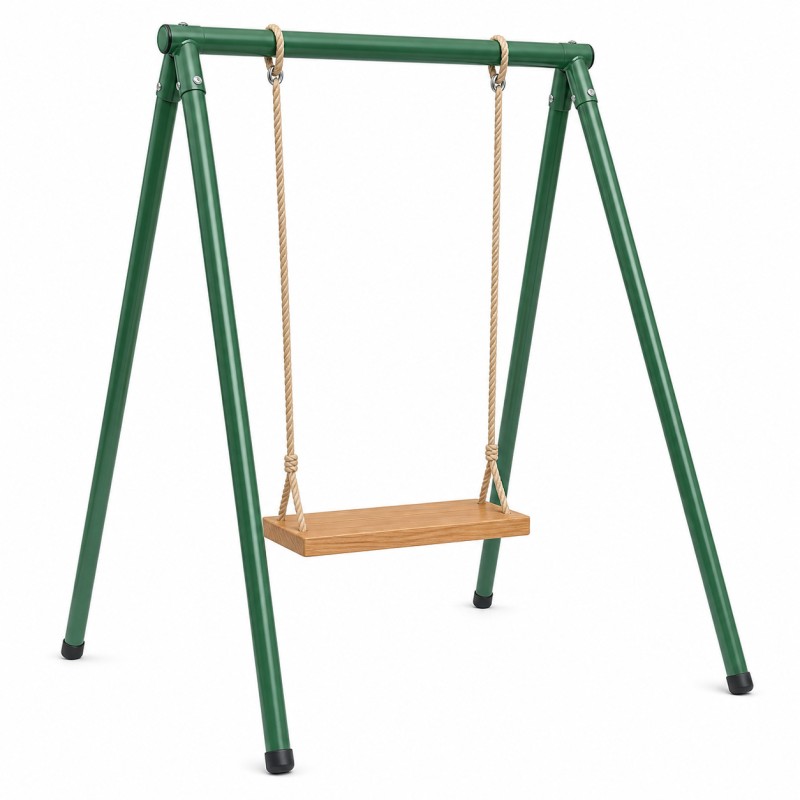 Kinderschaukel mit A-Gestell aus Stahl, Studioansicht in Grün mit Holzsitz