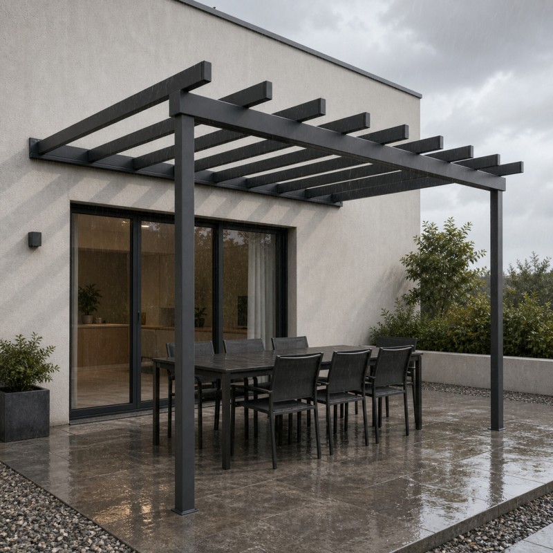 Ażurowa pergola stalowa na taras, nad tarasem z jadalnią w deszczu