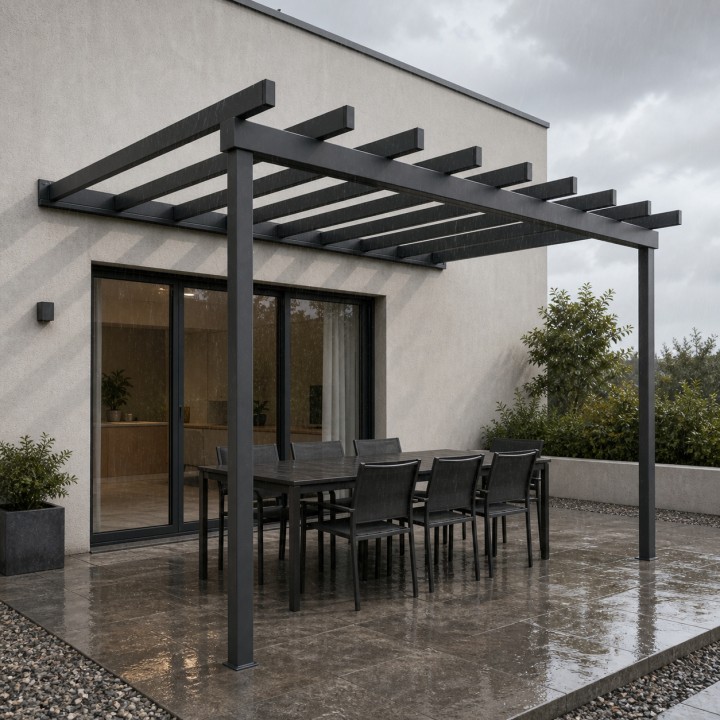 Pergola in acciaio con travetti a vista, sopra una terrazza con tavolo sotto la pioggia