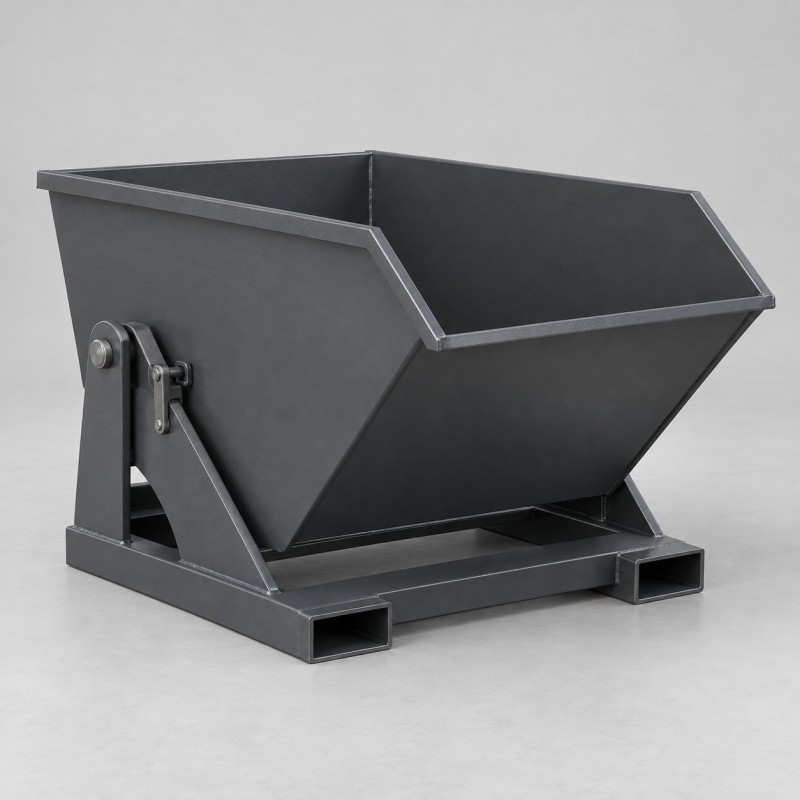 Benne basculante en acier pour déchets de production, vue studio sur fond gris