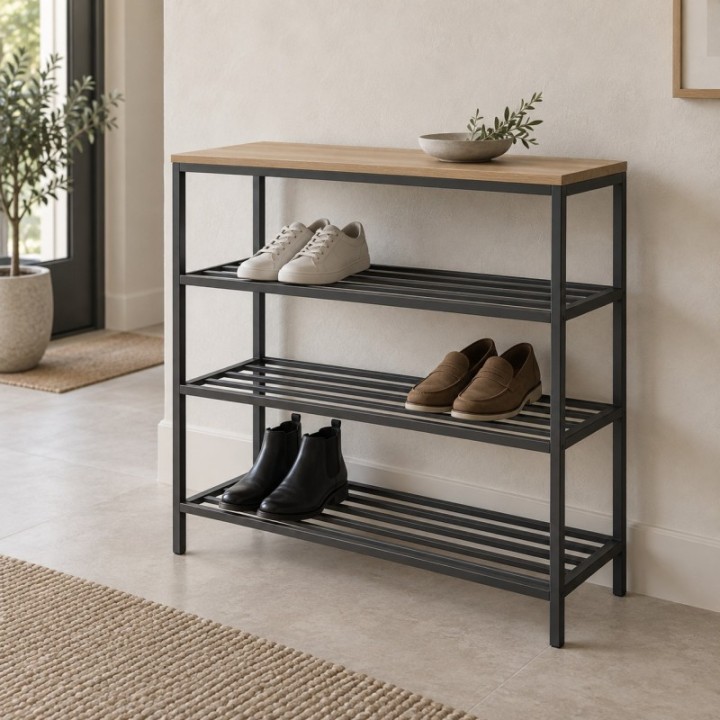 Regał na buty w stylu loft z otwartą ramą stalową, z butami w jasnym przedpokoju