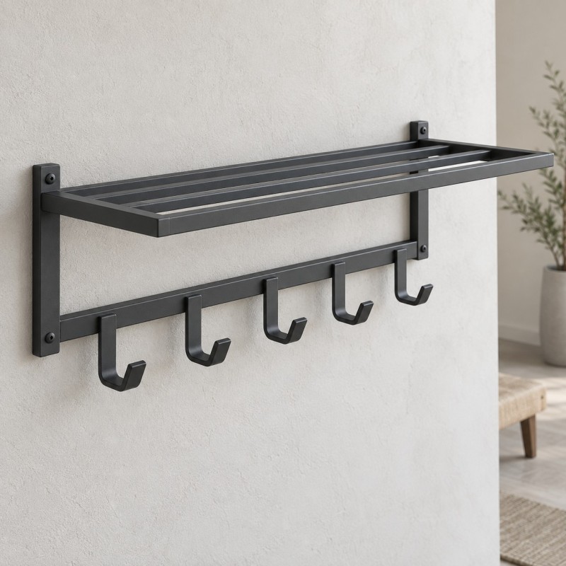 Wandgarderobe aus Stahl mit Ablage, an einer verputzten Wand