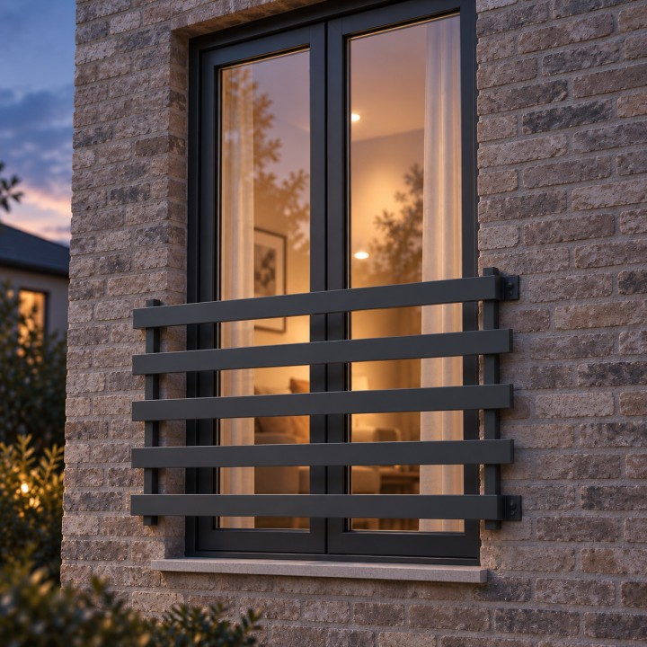 Balcon à la française à profilés horizontaux en façade, sur une façade en briques le soir