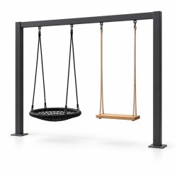 Gartenschaukel mit U-Gestell aus Stahl, Studioansicht mit Nestschaukel und Holzsitz