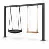 Balancelle de jardin sur portique acier en U, vue studio avec balançoire nid et assise en bois