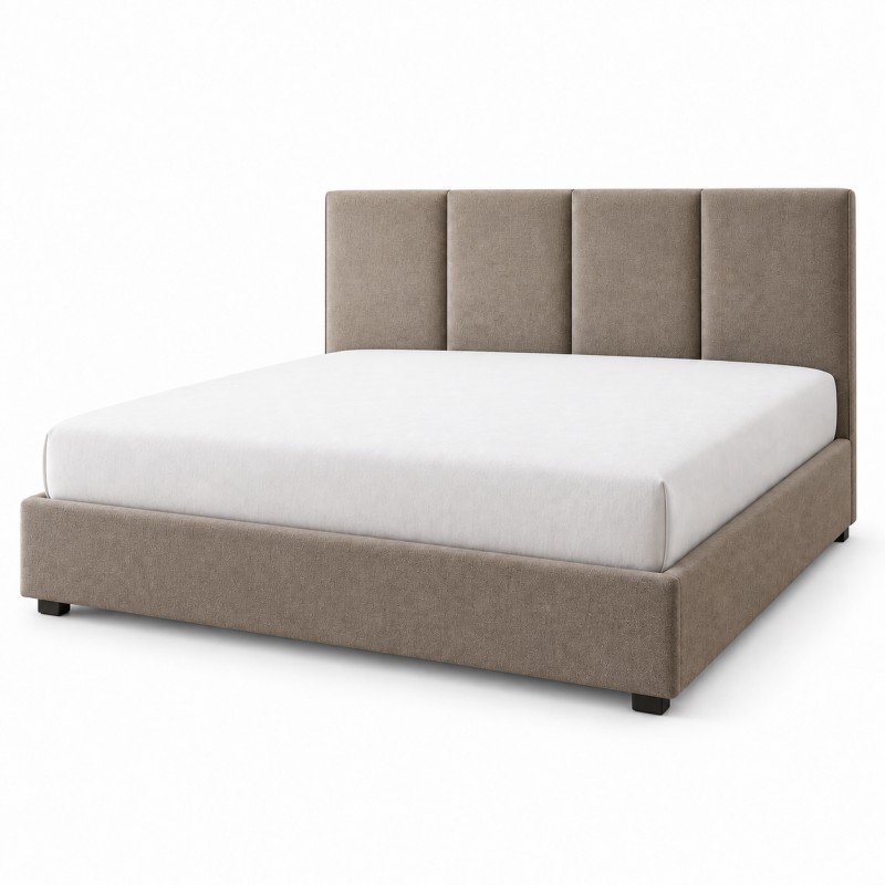 Cama tapizada para colchón de 200 x 200 cm, vista de estudio con colchón