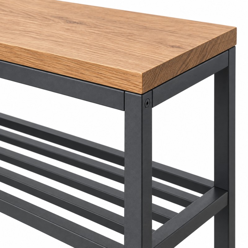 Regał na buty w stylu loft z otwartą ramą stalową, zbliżenie dębowego blatu i stalowej ramy