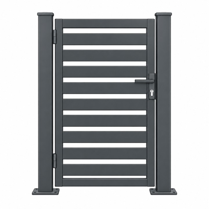 Puerta peatonal metálica con relleno horizontal, vista frontal de estudio