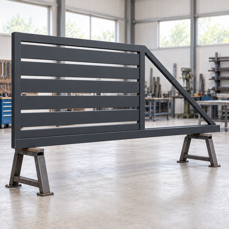 Freitragendes Schiebetor mit horizontaler Füllung, auf Böcken in einer Werkstatt