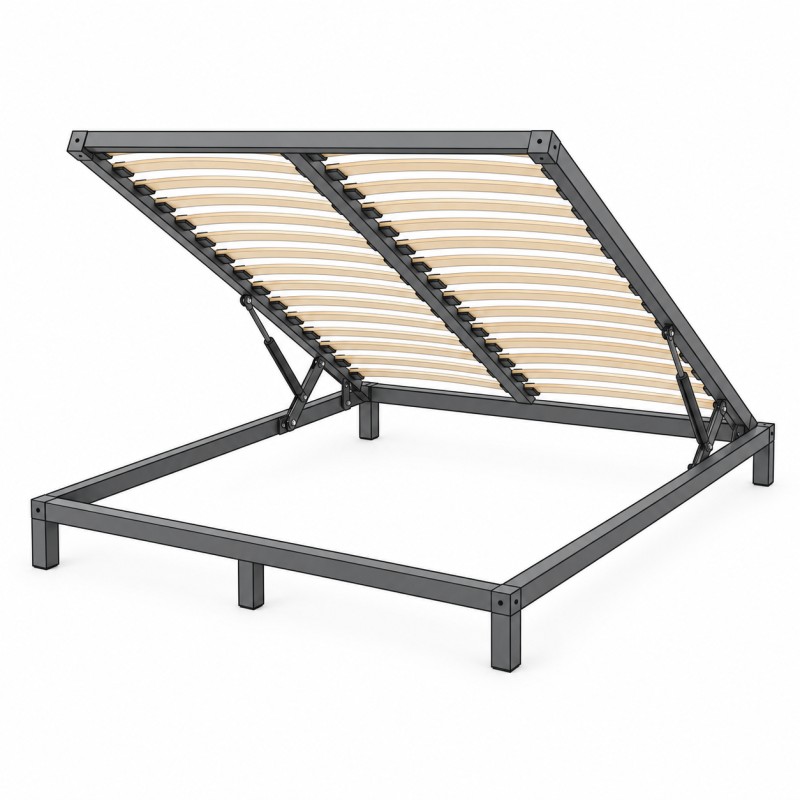 Support de matelas métallique à vérins à gaz, ouvert, vue studio sous un autre angle